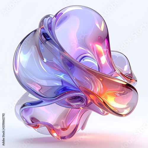 Abstract amorphous translucent sculpture with iridescent highlights and fluid shapes, dynamic swirling form, 3D render