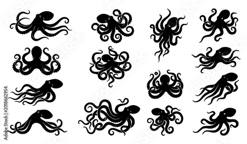 Bild auf Leinwand Octopus silhouettes set, various sea monster kraken and cephalopod vector icons