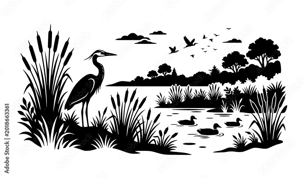 Naklejka premium Nature landscape silhouette with heron and ducks, tranquil lake and forest scenery.