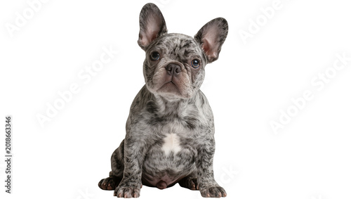Photography Merle French Bulldog Puppy Sitting with Large Ears and Spotted Coat
