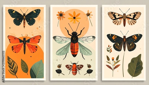 Boho Insect Art Prints - Butterfly, Bee, and Moth Illustrations.