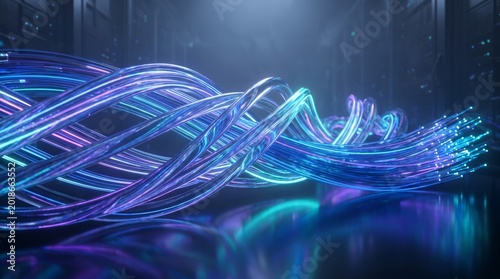 Futuristic illuminated glass rods fiber optic data stream background