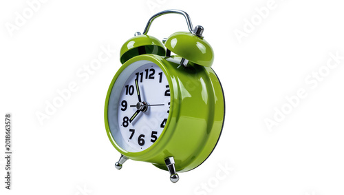 Foto Bright green vintage style alarm clock with silver accents and white face