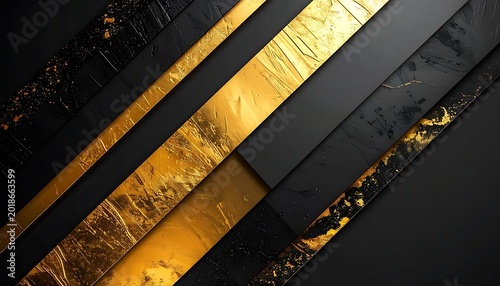 abstract background with diagonal gold and black stripes, textured surfaces, glittering particles, elegant luxury, modern design elements