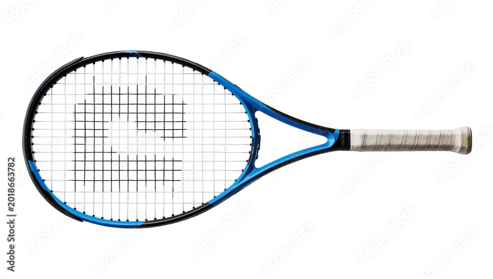 Obraz premium Blue Black Framed Tennis Racket with Gray Grip and Strings