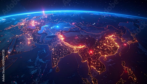 Earth from space showing Asia at night with city lights.