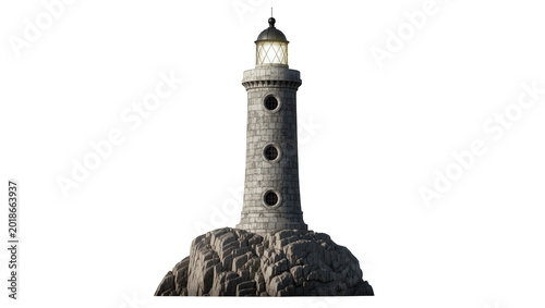 Photos Stone Lighthouse atop Rocky Outcrop with Circular Windows