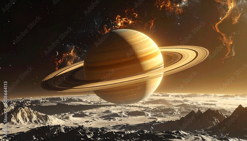 Naklejka premium Saturns Majestic Rings - A Cosmic Dance of Ice and Rock in Space.