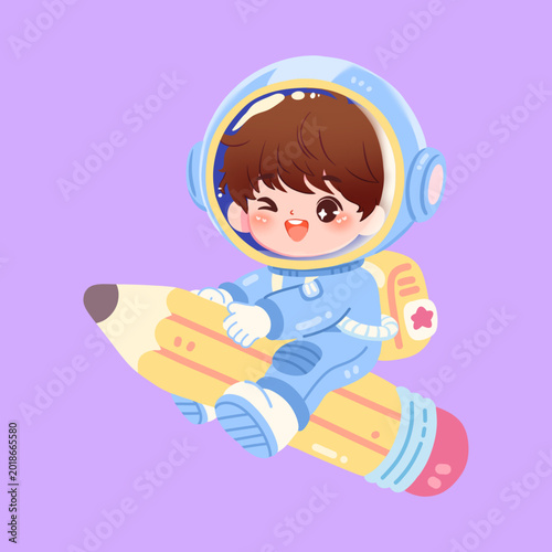 Cute Chibi Boy Astronaut Riding a Giant Pencil Illustration, Creative Education and Imagination Concept Art for Kids