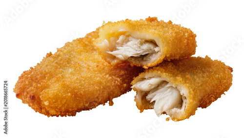 Bild auf Leinwand Golden crispy breaded fish fillets with flaky white fish inside