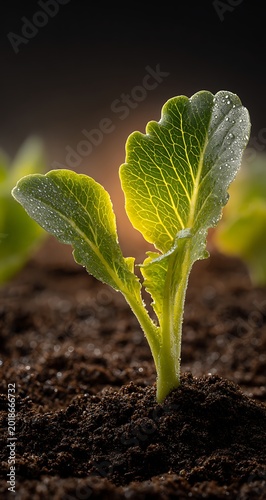 Vibrant Seedling Sprout with Water Droplets on Soil: Close-Up of Fresh Green Leaves Symbolizing Growth and New Beginnings
