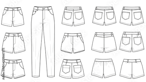 Tableau sur toile 2D CAD designs of various shorts and pants styles are shown