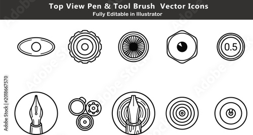 Schilderij op canvas Pen tool vector icons set, fountain pens, drafting tools, brush markers, stylus