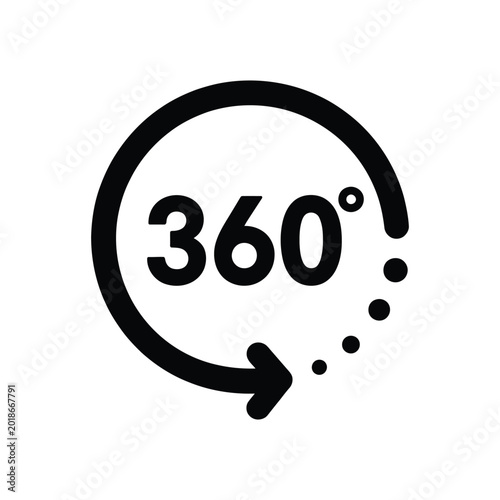 Three hundred sixty degree rotation icon with arrow and dots for virtual reality settings.