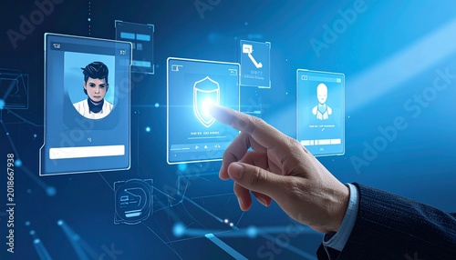 Future of Data Security Human Hand Interacting with a Virtual Shield Interface Representing Advanced Cybersecurity and Information Protection