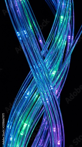 Futuristic illuminated glass rods fiber optic data stream background