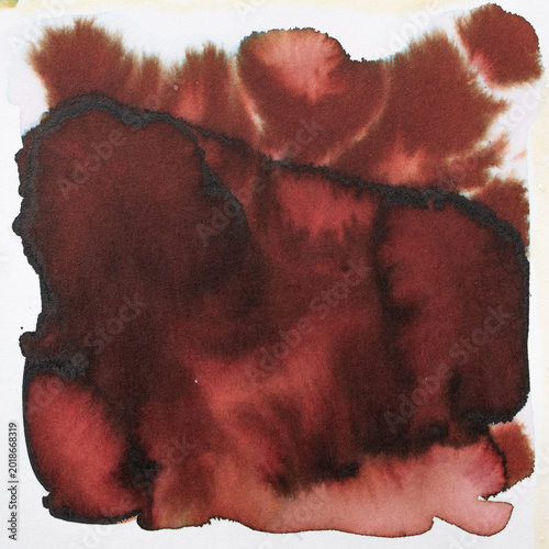 Watery dark red and brown ink spreading across white paper, creating an abstract blotch with fluid textures and fading transparent edges, offering a wet pigment background
