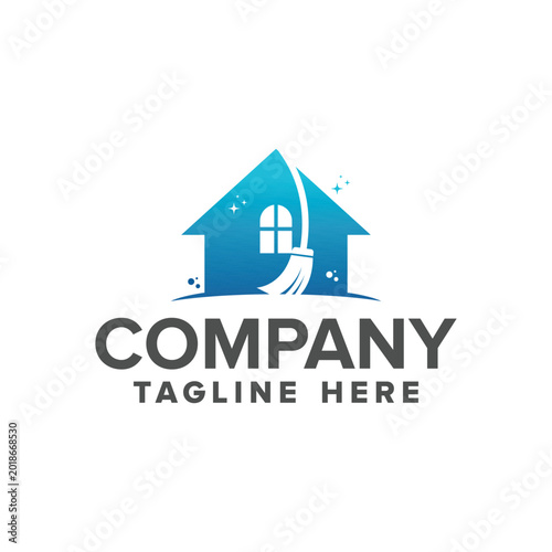 Simple House Cleaning Service Logo Design Featuring a Broom Sweeping Sparkles within the Silhouette of a House