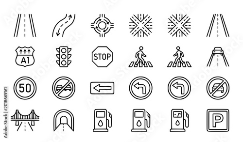Foto Professional road traffic signs and navigation symbols icon set