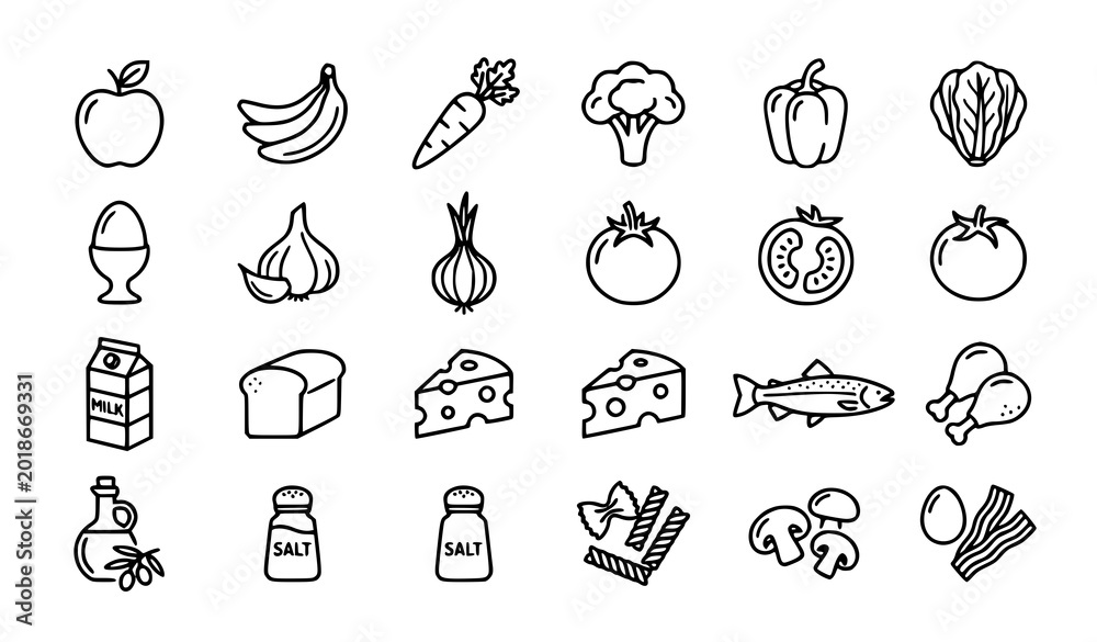 Fototapeta premium Fresh fruits and vegetables healthy grocery items outline icons