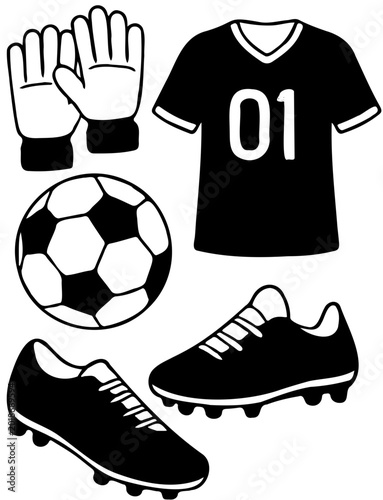 Vector illustration of a silhouette of a soccer equipment set, isolated on white