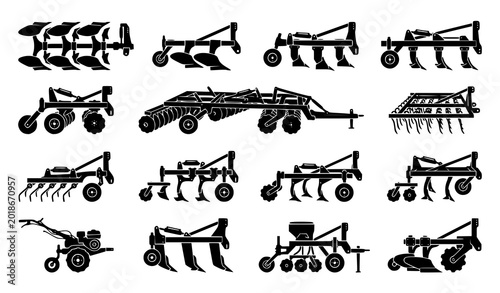 Foto Agricultural machinery silhouettes set, heavy farm equipment, tractor plows and soil cultivators