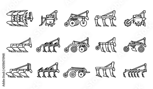 Bild auf Leinwand Collection of farm machinery silhouettes, industrial agriculture equipment, tractor attachments for farming