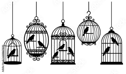 Birds in cages silhouette set, antique birdcage collection, pet shop and freedom concept symbols.