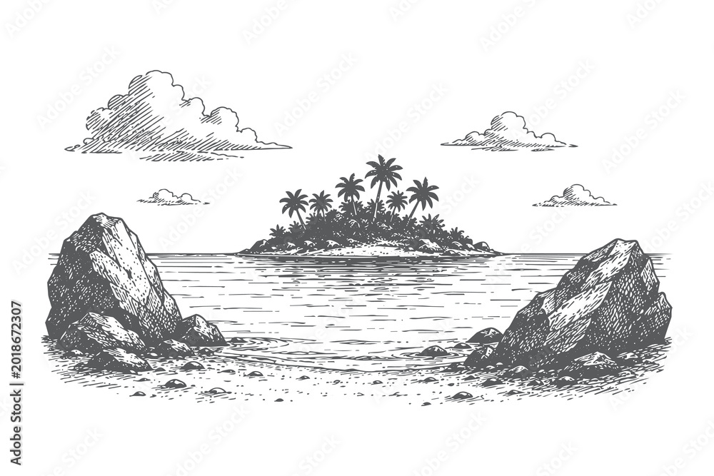 Naklejka premium Tropical island archipelago with rocks and palm trees in detailed pen and ink style vector illustration for maritime and nature background