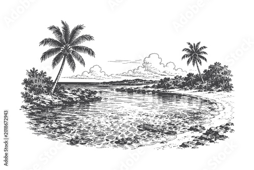 Картината върху платно Hidden tropical cove with palm trees and calm water in detailed hand drawn woodcut style vector illustration for luxury resort and summer vacation branding