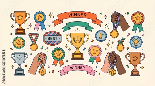 a playful hand-drawn awards and trophies themed vector illustration on a soft cream background