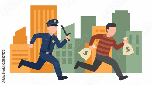Photography Police officer chasing a thief with money bags in a city scene