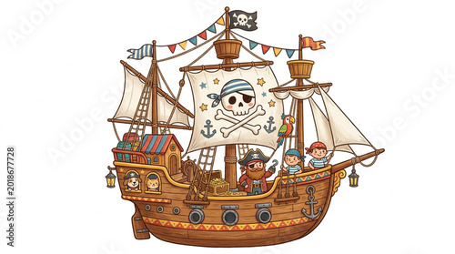 Foto Pirate ship illustration with crew celebrating under jolly roger flag