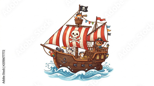 Картината върху платно Pirate ship sailing on ocean waves with jolly roger flag and crew