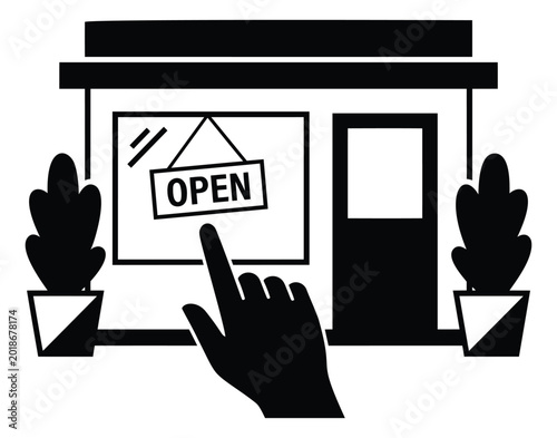 Silhouette illustration of open store front depicting hand pointing at open sign for retail and small business design