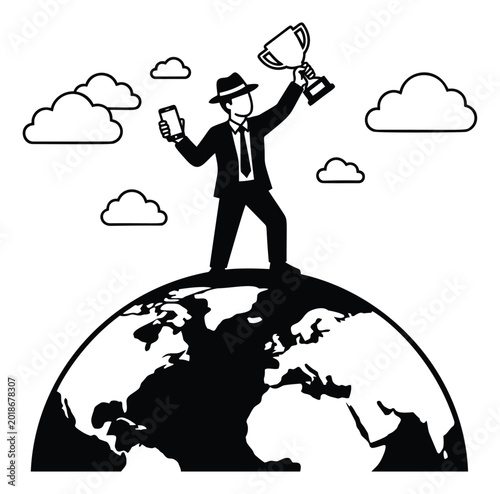Silhouette illustration of businessman standing on globe depicting world domination with trophy and smartphone for business and success design