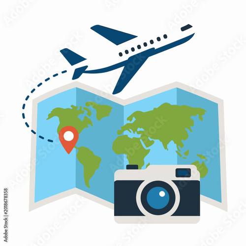 Travel icon set featuring a world map airplane and camera.