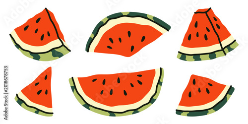 Assorted red watermelon slices in different shapes and sizes on white background. Hand drawn flat illustrations of fresh seasonal fruit for playful summer branding and vacation advertising designs