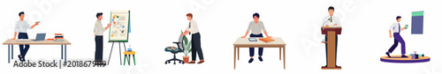 Set of professional businessman character illustrations in various office activities such as presenting, working at a desk, and speaking at a podium.