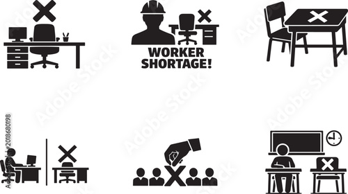 Cuadro en lienzo Missing student and vacant workplace icon set with dismissal and worker shortage symbols