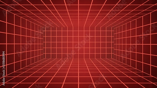 Red grid background, futuristic perspective, digital tunnel, abstract red lines