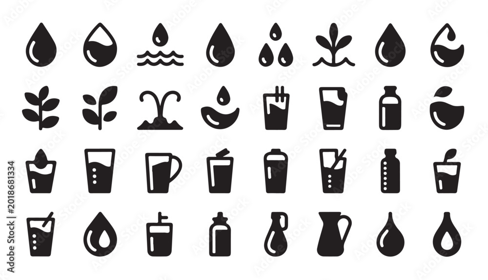 Obraz premium Beverage and hydration icon set with diverse glasses cups bottles and natural plant symbols.
