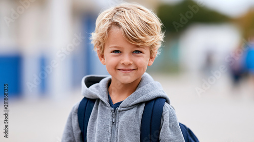 Portrait of a smiling young blonde boy with a backpack ready for school.