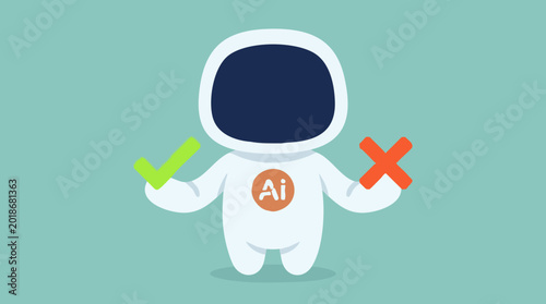 AI astronaut character holding checkmark and X symbol for decision making