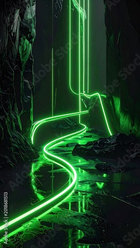 Abstract glowing green neon light trails winding through dark, textured cave or canyon, futuristic energy path, digital landscape with reflections