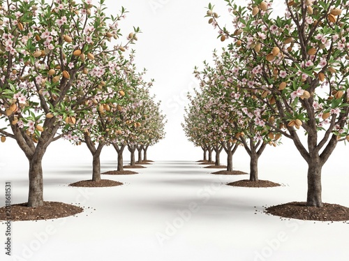 Almond orchard in bloom with fruit rows of trees on white background