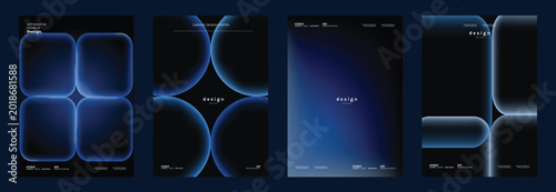 Futuristic dark blue abstract poster set vector. Cyber glow rounded geometric gradient templates for technology event, music cover, digital design and modern background.