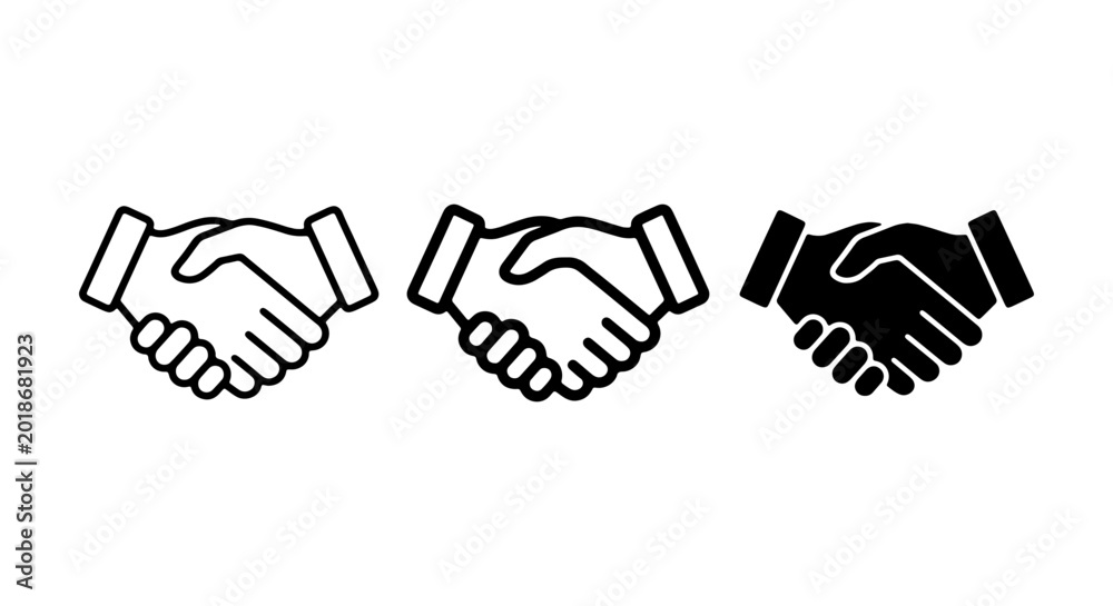 Obraz premium Handshake Icons Set, Partnership Agreement Vector Graphics, Business Deal Symbols