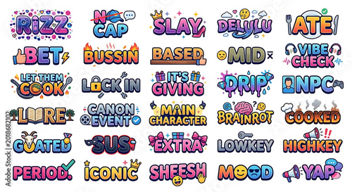 Trending American Slang Quotes Icon Bundle Sheet Colorful Gen Z Typography Vector Set