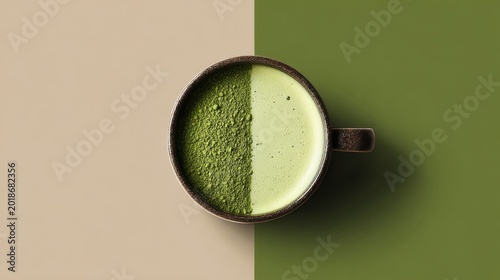 Artistic matcha drink composition minimalist setting beverage photography contemporary style top view aesthetic presentation